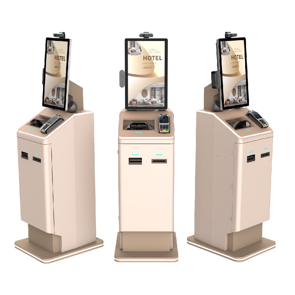 Floor Standing 21.5 inch Hotel Self Check in Kiosk With Key Dispenser And Passport Reader With Cash Credit Card Barcode Payment