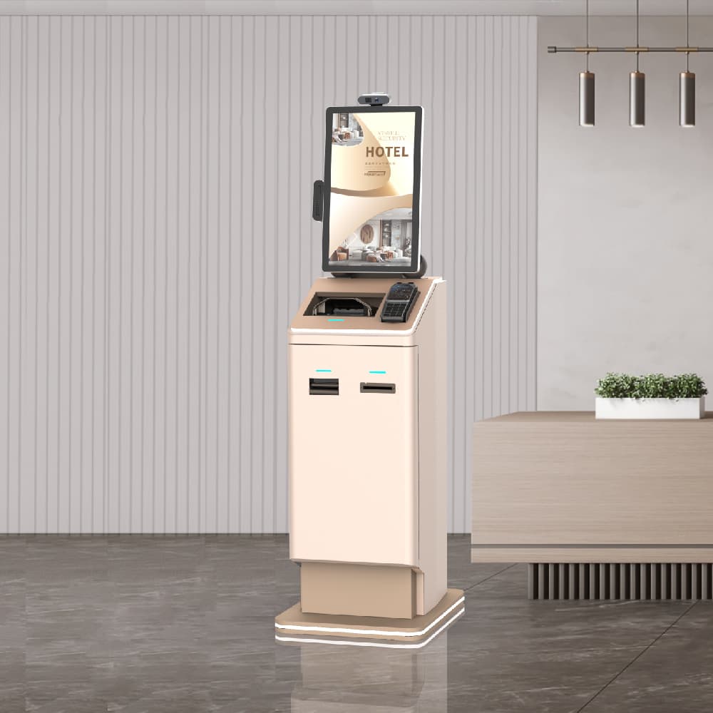 Floor Standing 21.5 inch Hotel Self Check in Kiosk With Key Dispenser And Passport Reader With Cash Credit Card Barcode Payment