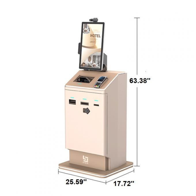 Floor Standing 21.5 inch Hotel Self Check in Kiosk With Key Dispenser And Passport Reader With Cash Credit Card Barcode Payment