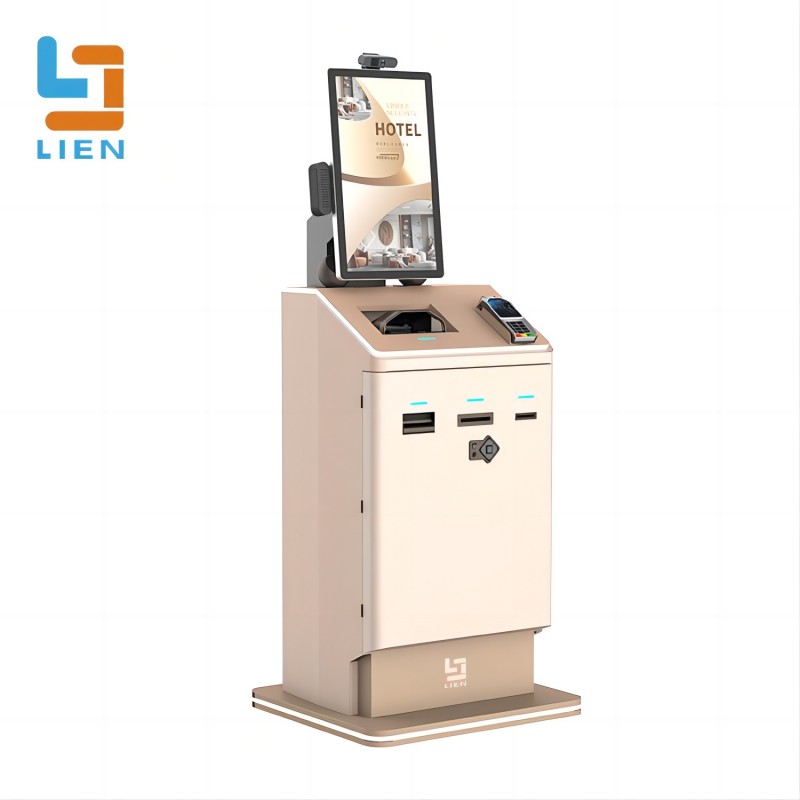 Floor Standing 21.5 inch Hotel Self Check in Kiosk With Key Dispenser And Passport Reader With Cash Credit Card Barcode Payment